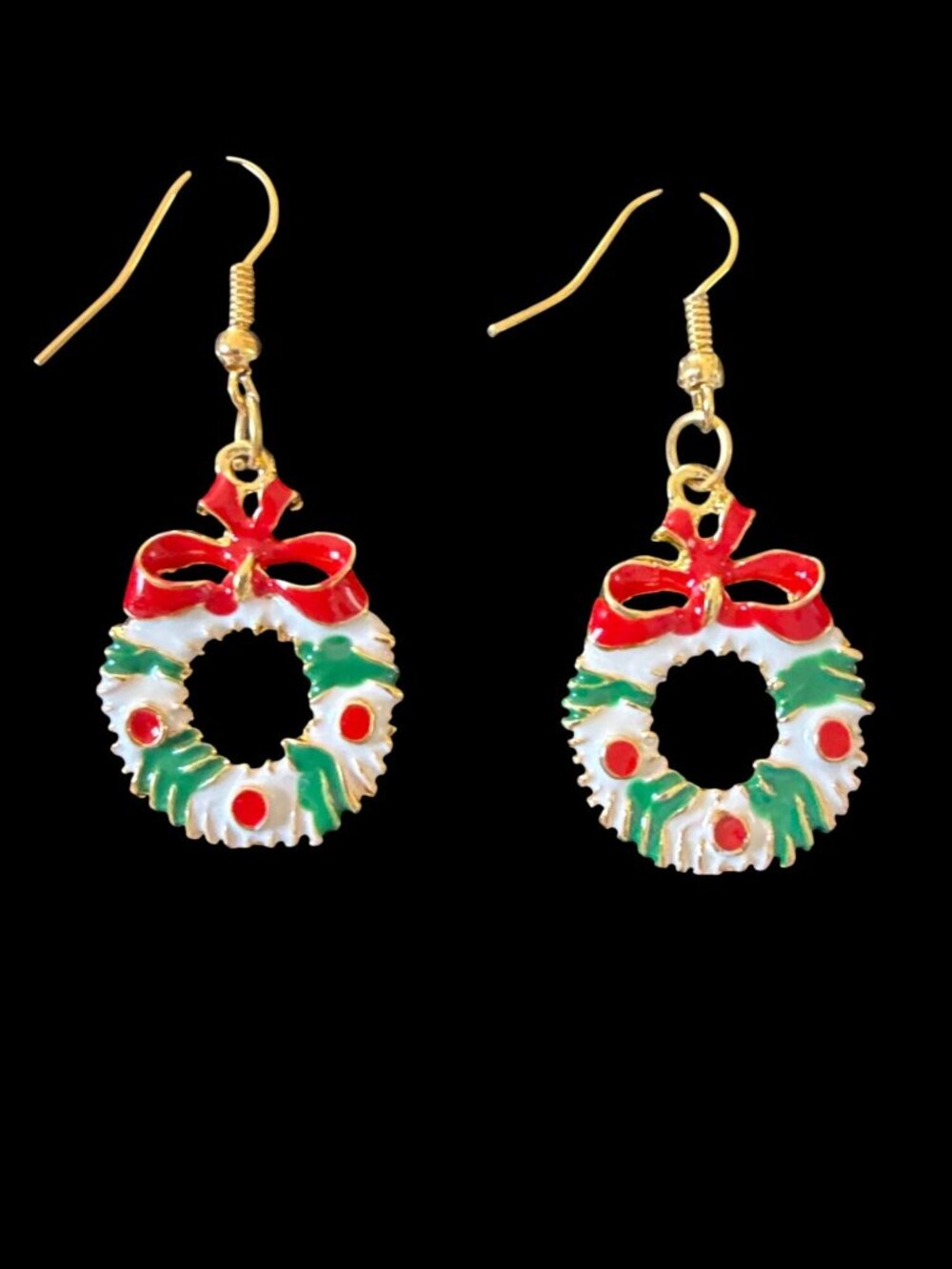 Holiday Wreath Earrings With Gold & Enamel Finish - White wreath Red Bow, Green